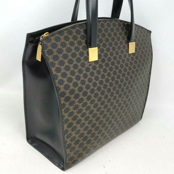 Vintage Celine Triomphe Canvas Black Leather Medium Shoulder Tote Hand Bag Auth - Picture 4 of 16